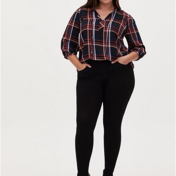 Torrid Plaid Rayon Twill Tie Neck Peasant Top Shirt Black Womens Plus Size 2X 2 - Picture 3 of 15